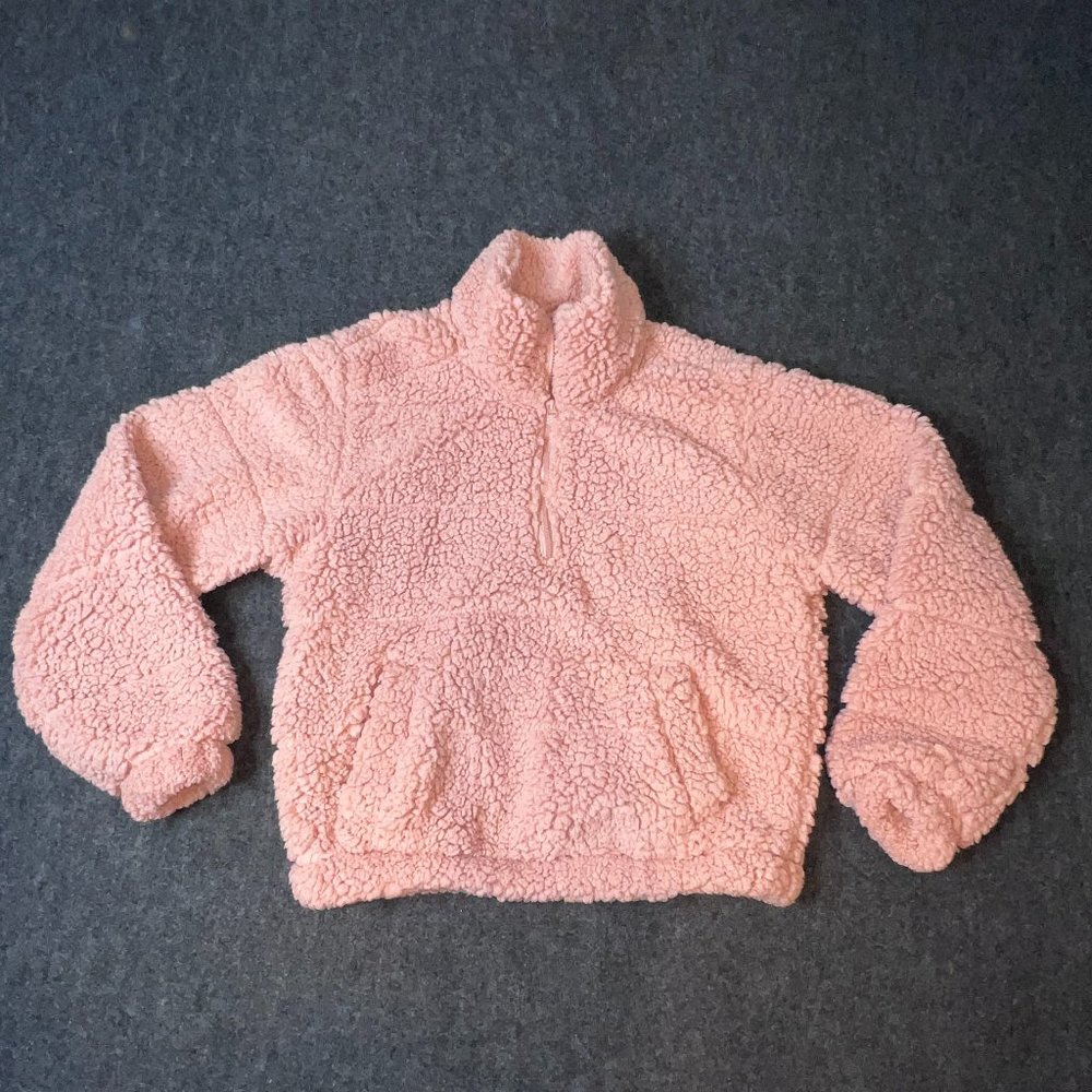 Sage Collective Blush Pink High Pile Pullover Fleece Zip Collar Kangaroo Pocket
